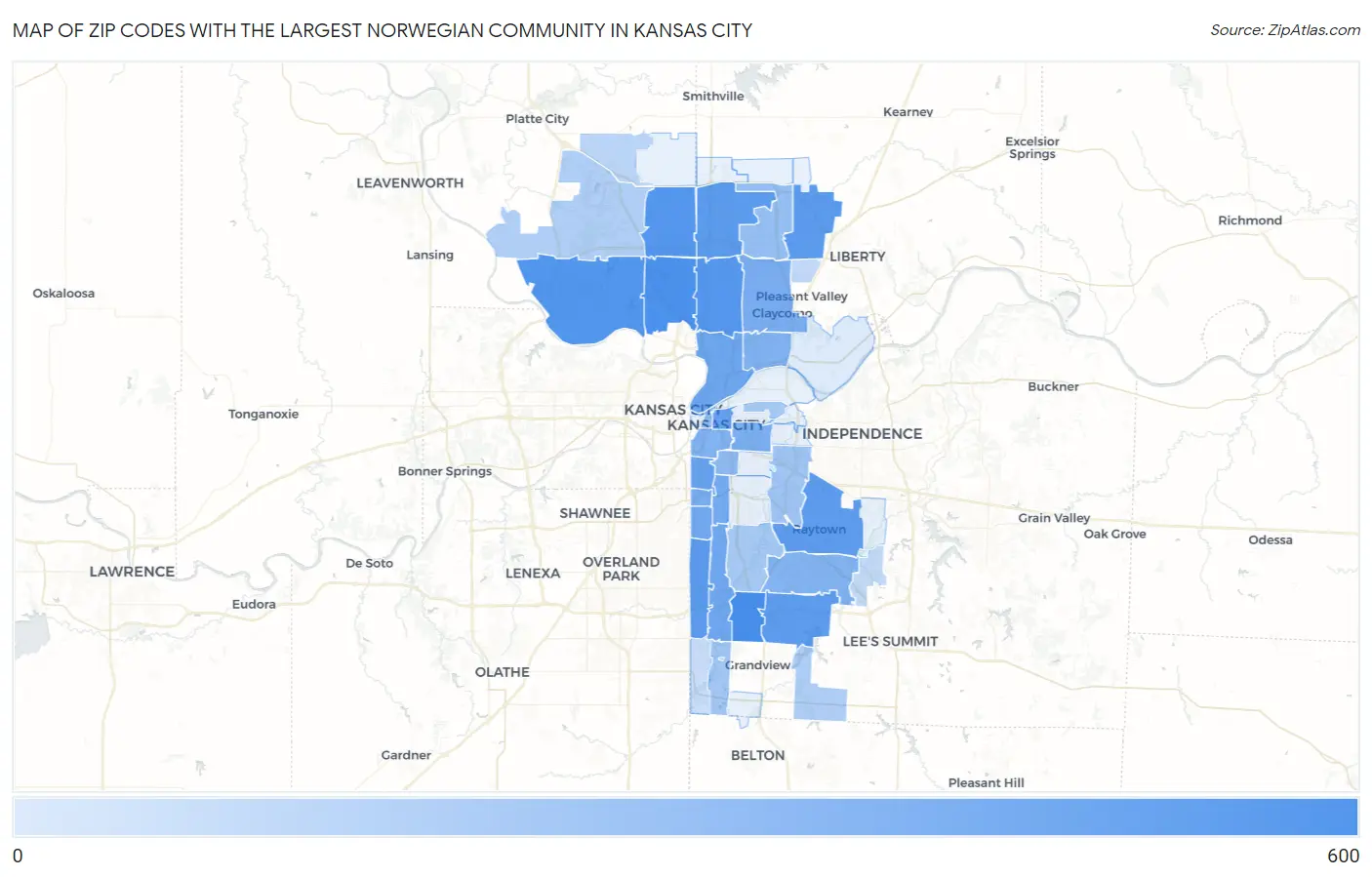 Zip Codes with the Largest Norwegian Community in Kansas City Map