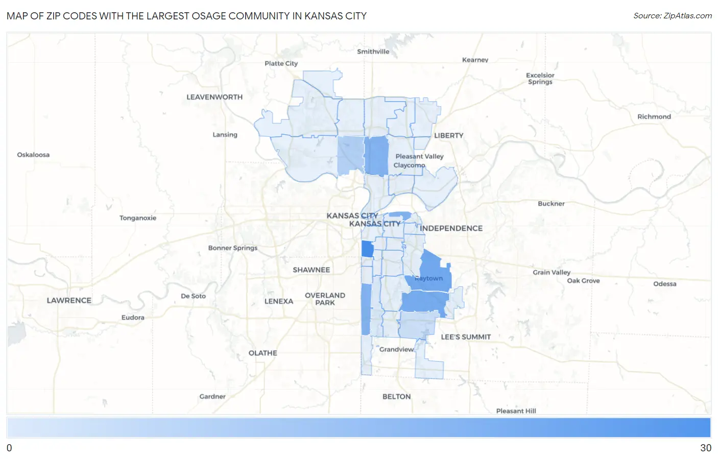 Zip Codes with the Largest Osage Community in Kansas City Map