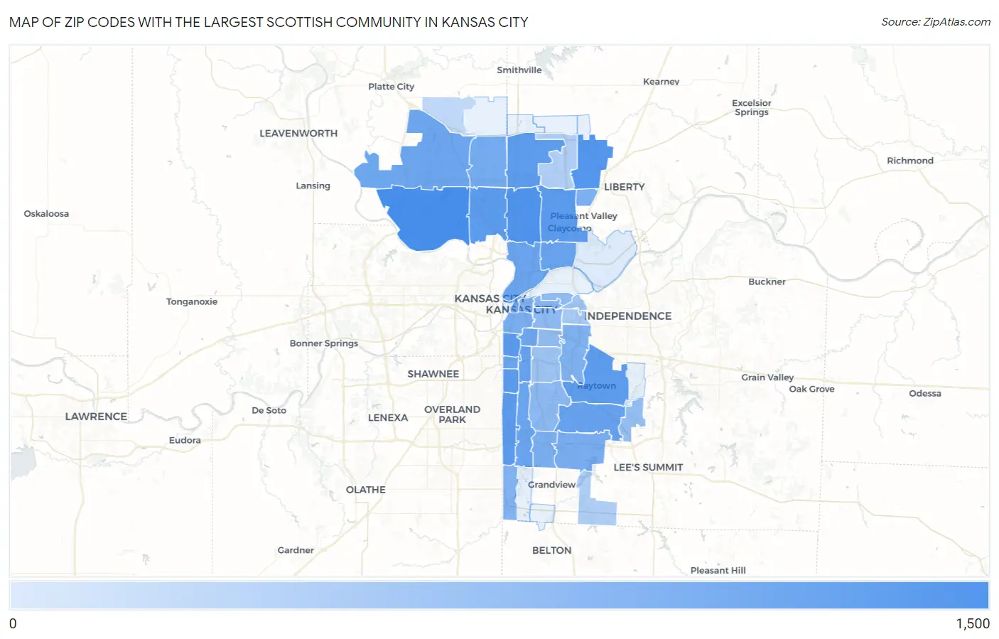 Zip Codes with the Largest Scottish Community in Kansas City Map