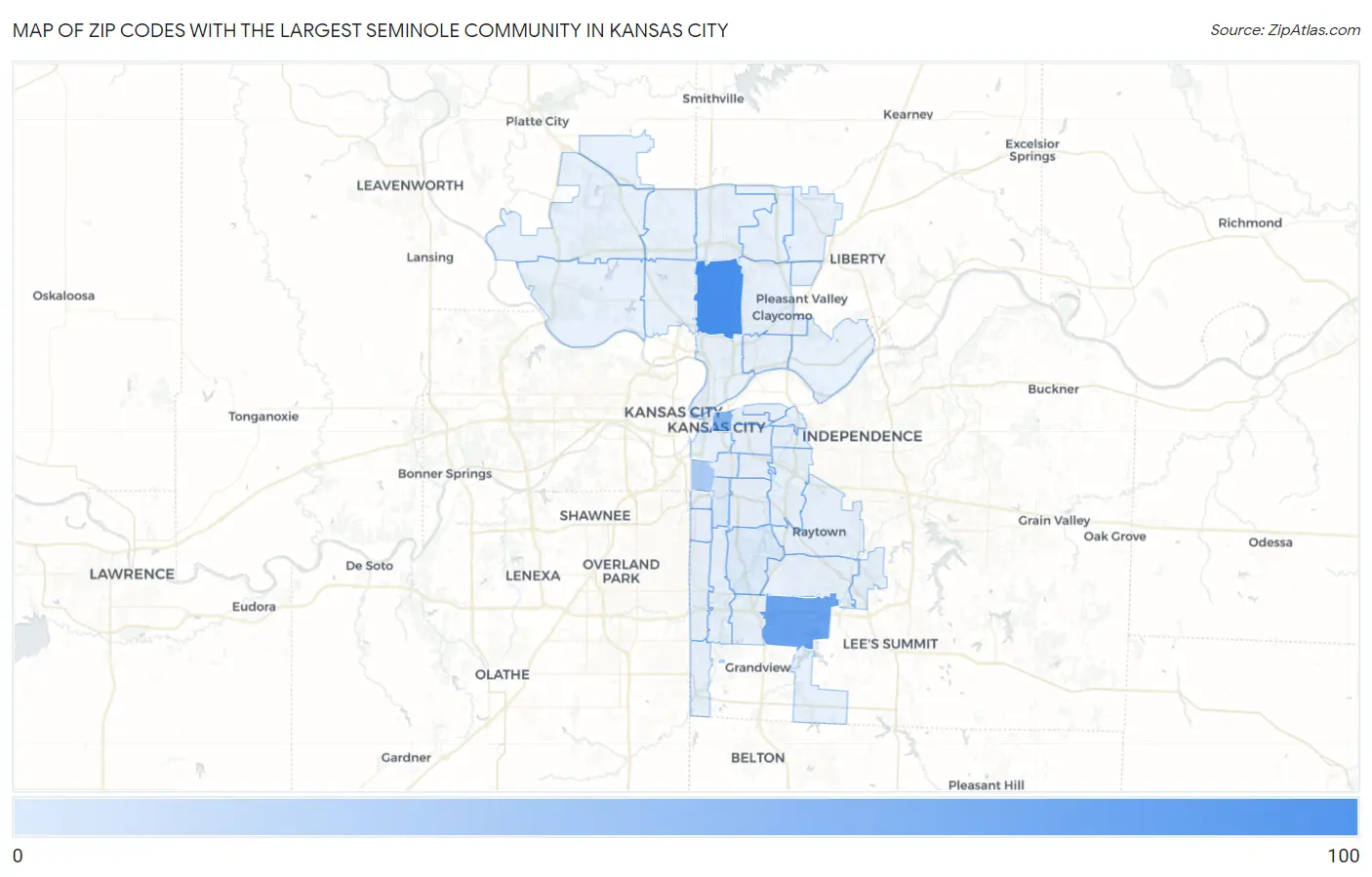 Zip Codes with the Largest Seminole Community in Kansas City Map