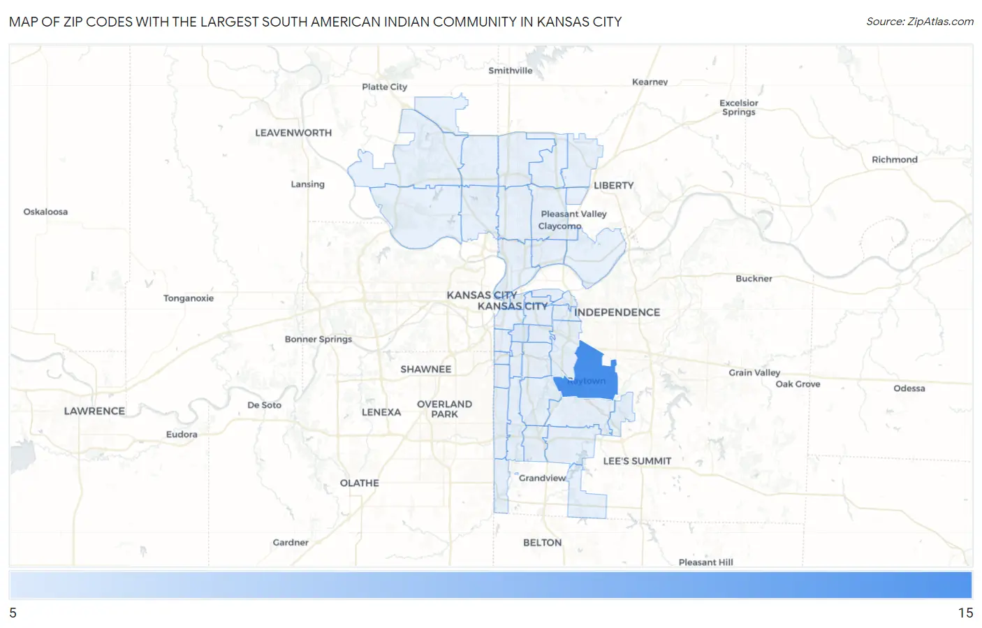 Zip Codes with the Largest South American Indian Community in Kansas City Map