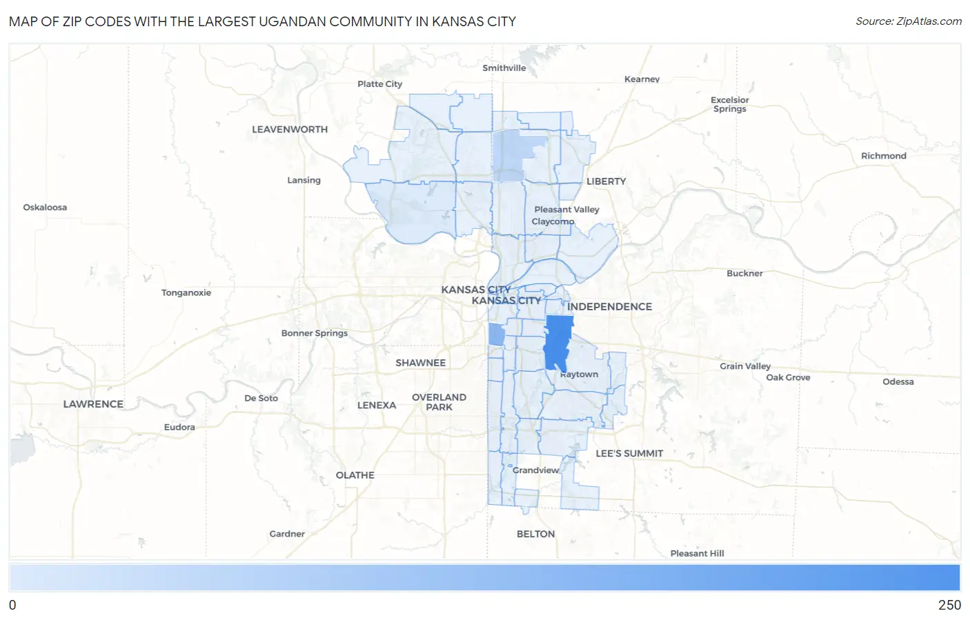 Zip Codes with the Largest Ugandan Community in Kansas City Map