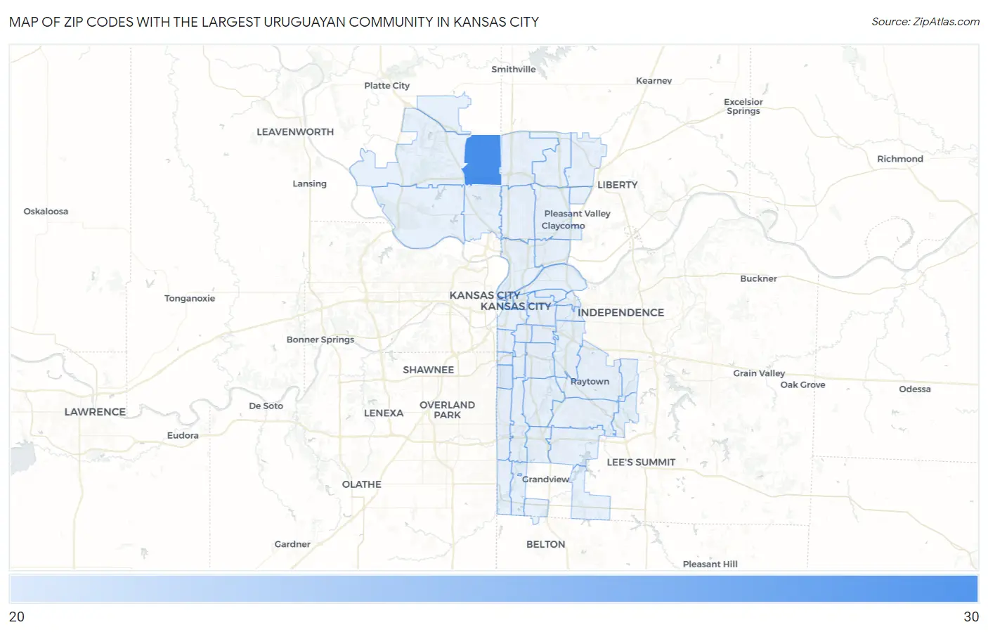 Zip Codes with the Largest Uruguayan Community in Kansas City Map