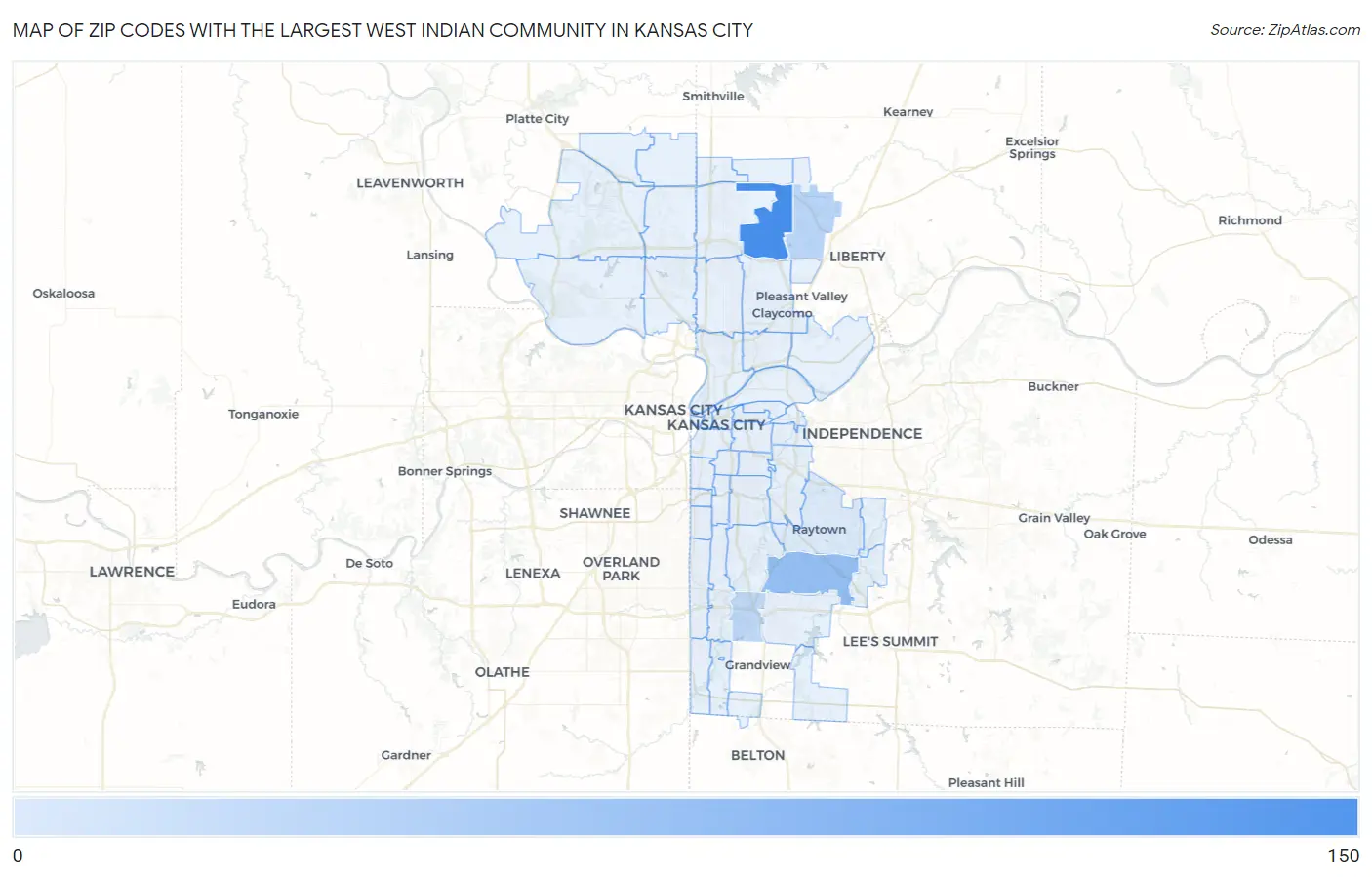 Zip Codes with the Largest West Indian Community in Kansas City Map