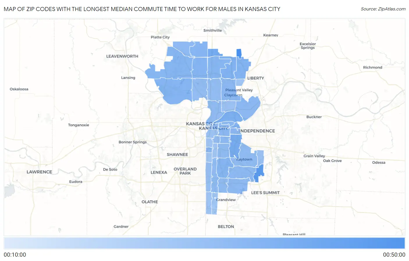 Zip Codes with the Longest Median Commute Time to Work for Males in Kansas City Map