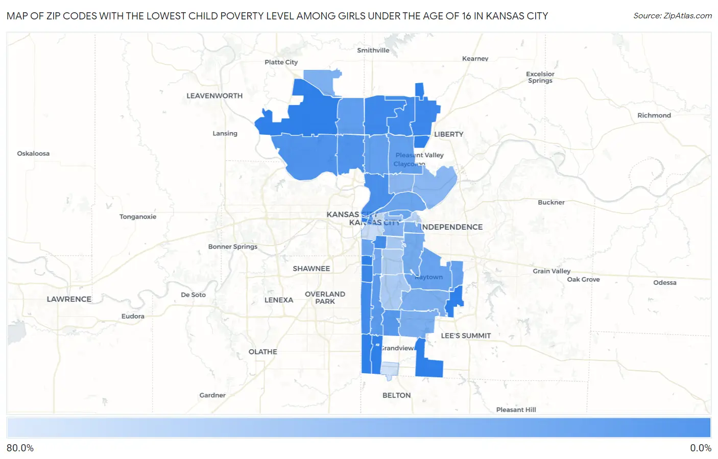 Zip Codes with the Lowest Child Poverty Level Among Girls Under the Age of 16 in Kansas City Map
