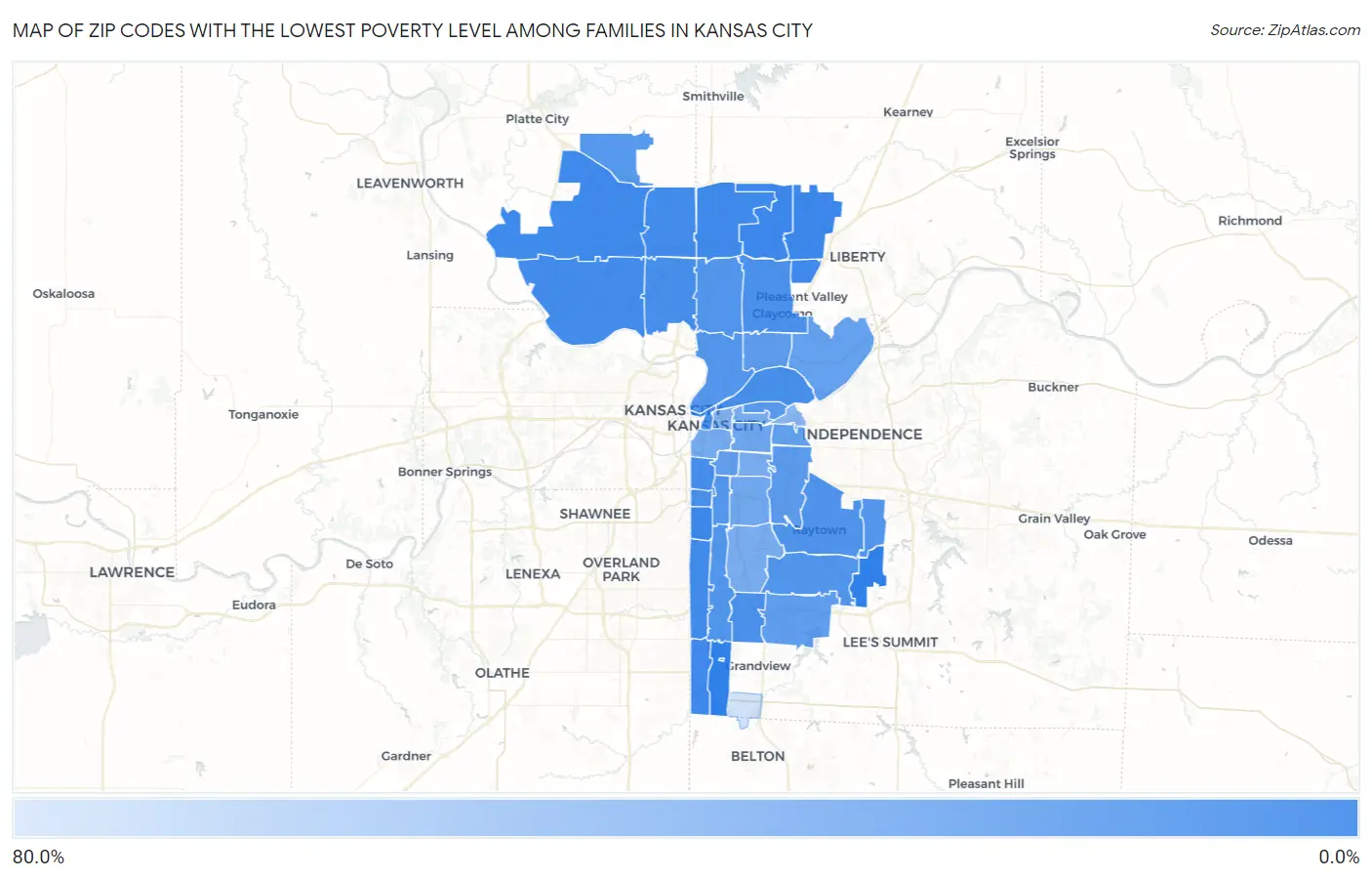 Zip Codes with the Lowest Poverty Level Among Families in Kansas City Map