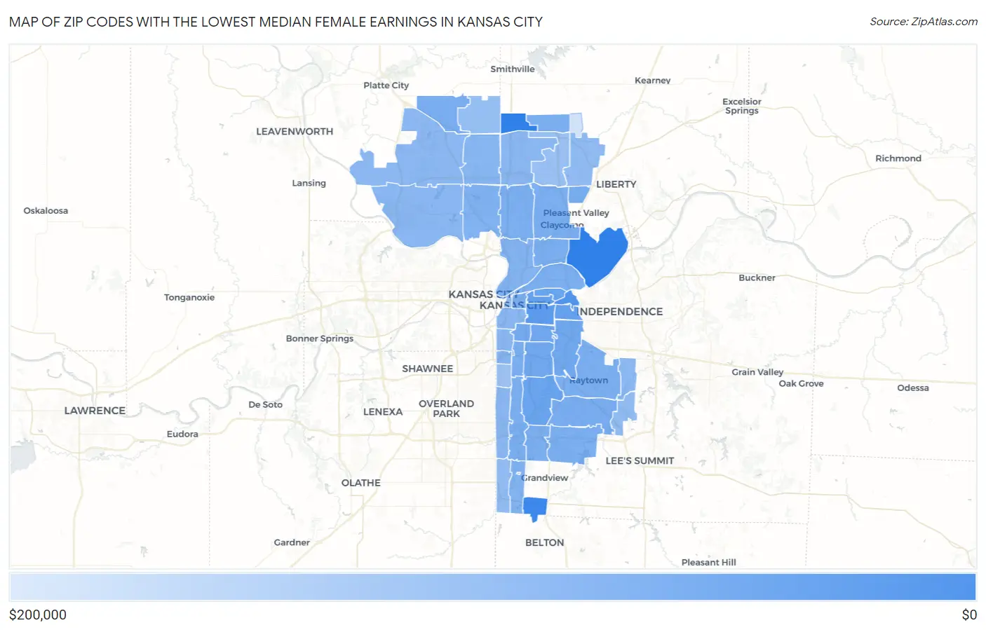 Zip Codes with the Lowest Median Female Earnings in Kansas City Map