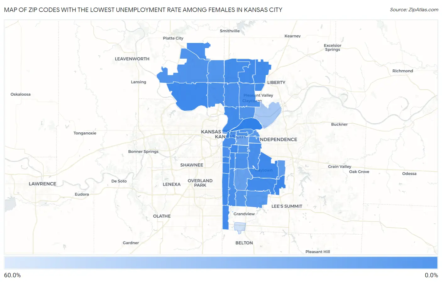 Zip Codes with the Lowest Unemployment Rate Among Females in Kansas City Map