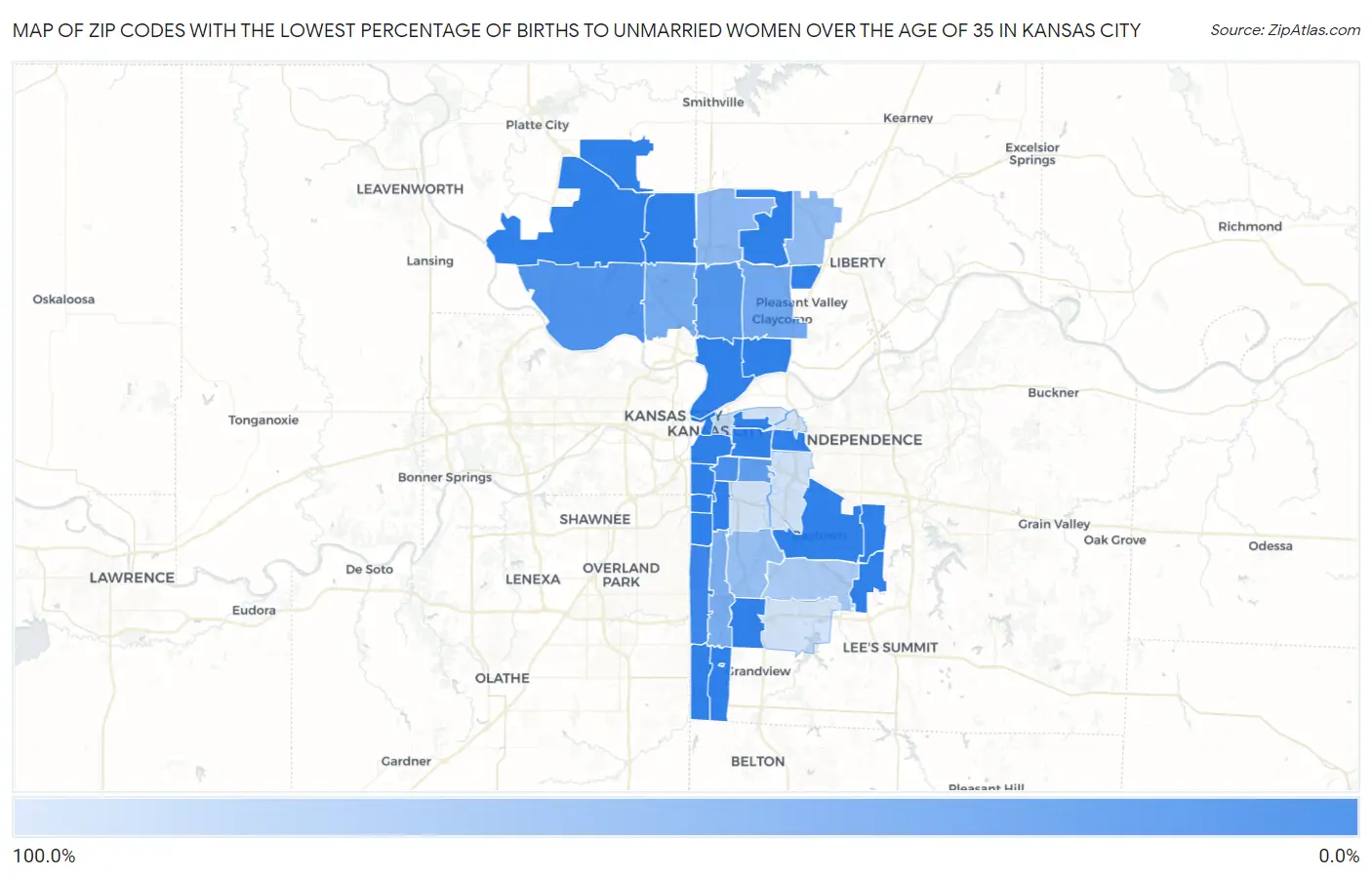 Zip Codes with the Lowest Percentage of Births to Unmarried Women over the Age of 35 in Kansas City Map