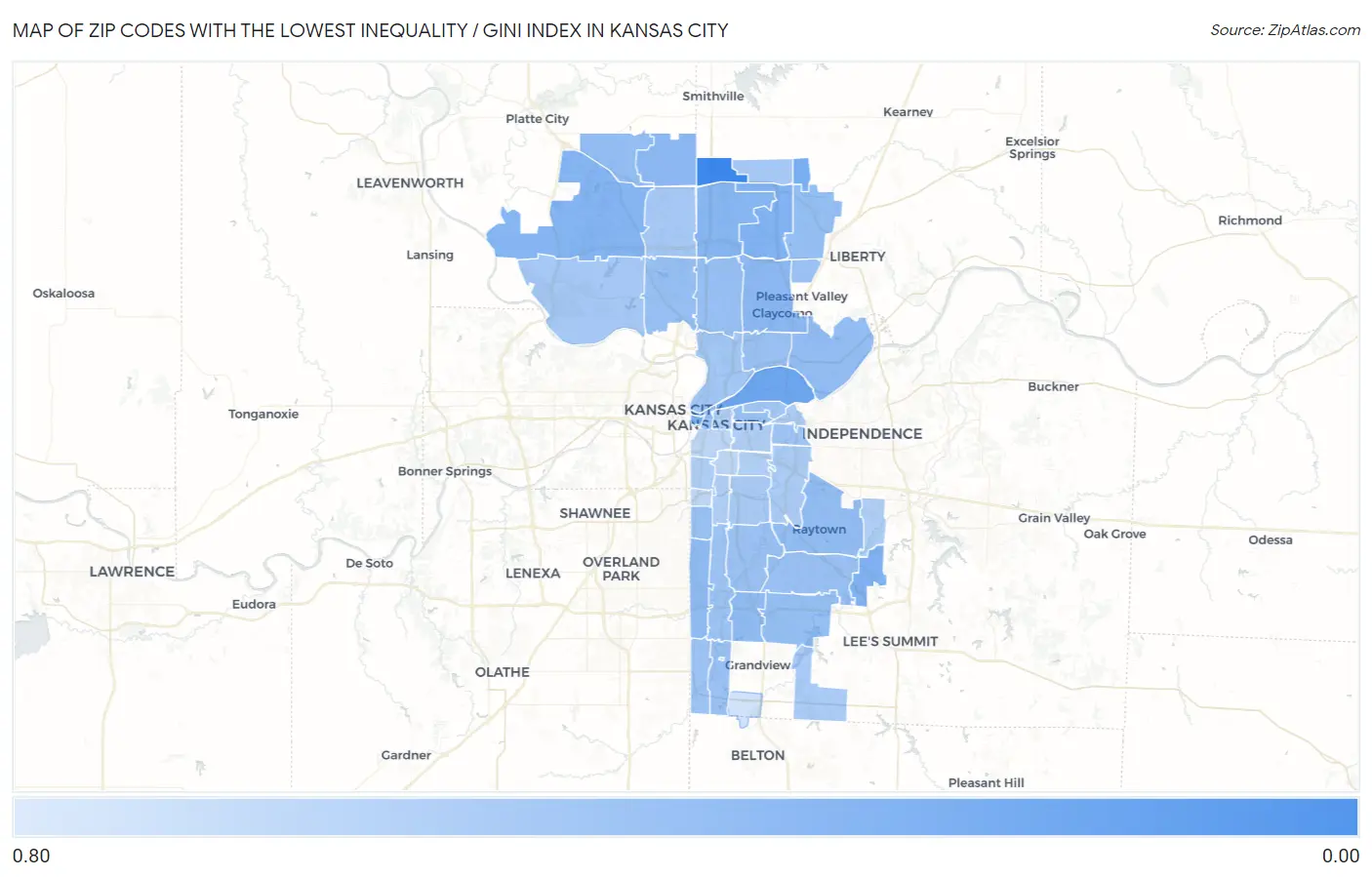 Zip Codes with the Lowest Inequality / Gini Index in Kansas City Map