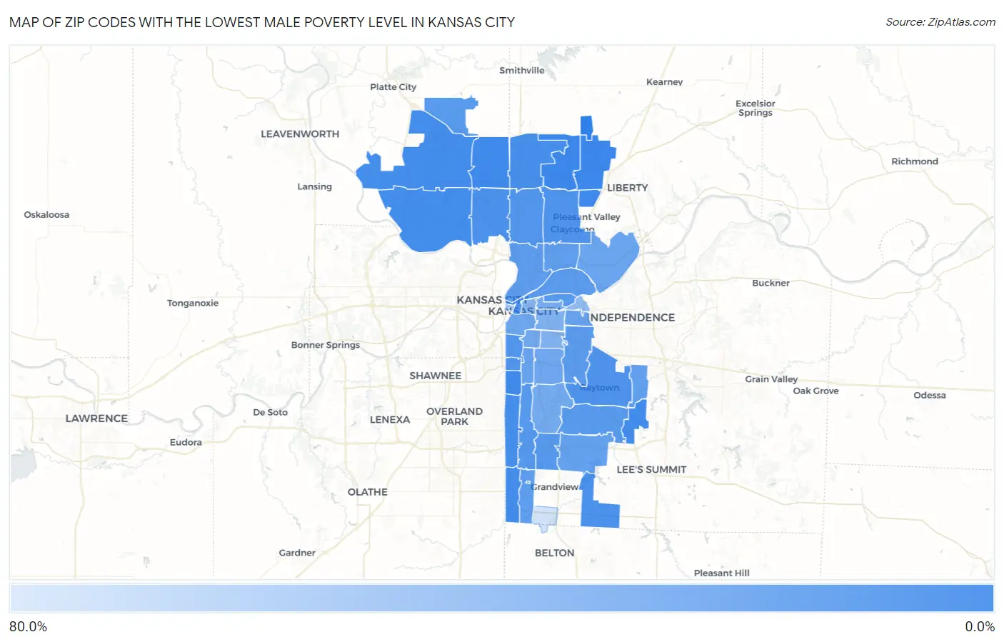Zip Codes with the Lowest Male Poverty Level in Kansas City Map