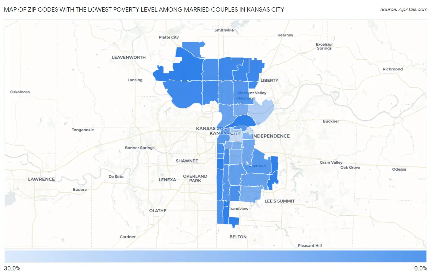 Zip Codes with the Lowest Poverty Level Among Married Couples in Kansas City Map
