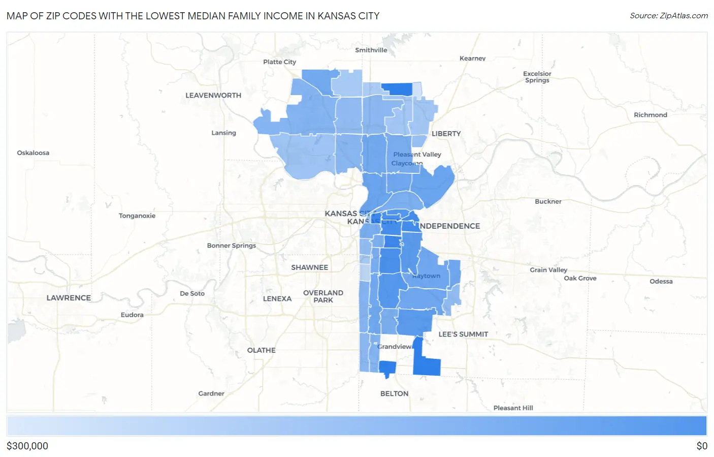 Zip Codes with the Lowest Median Family Income in Kansas City Map