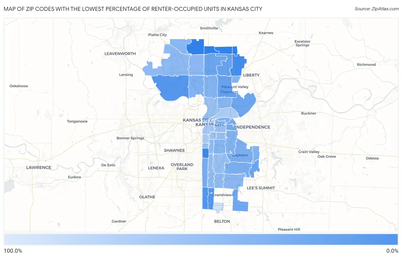 Zip Codes with the Lowest Percentage of Renter-Occupied Units in Kansas City Map