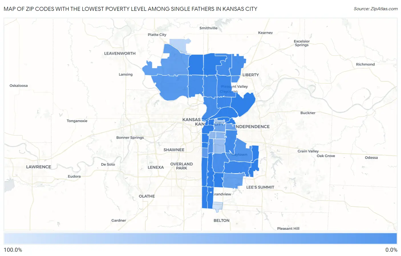 Zip Codes with the Lowest Poverty Level Among Single Fathers in Kansas City Map