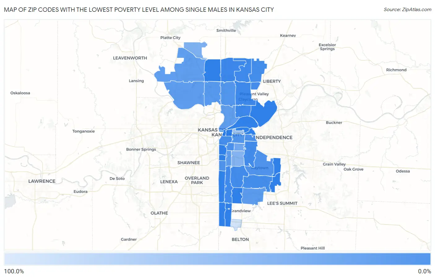 Zip Codes with the Lowest Poverty Level Among Single Males in Kansas City Map