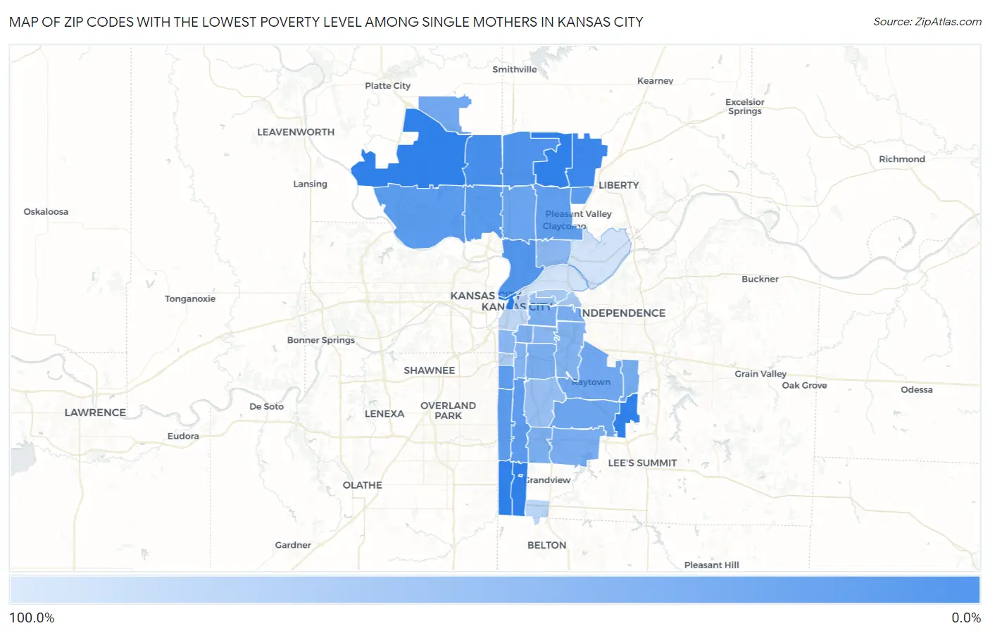 Zip Codes with the Lowest Poverty Level Among Single Mothers in Kansas City Map