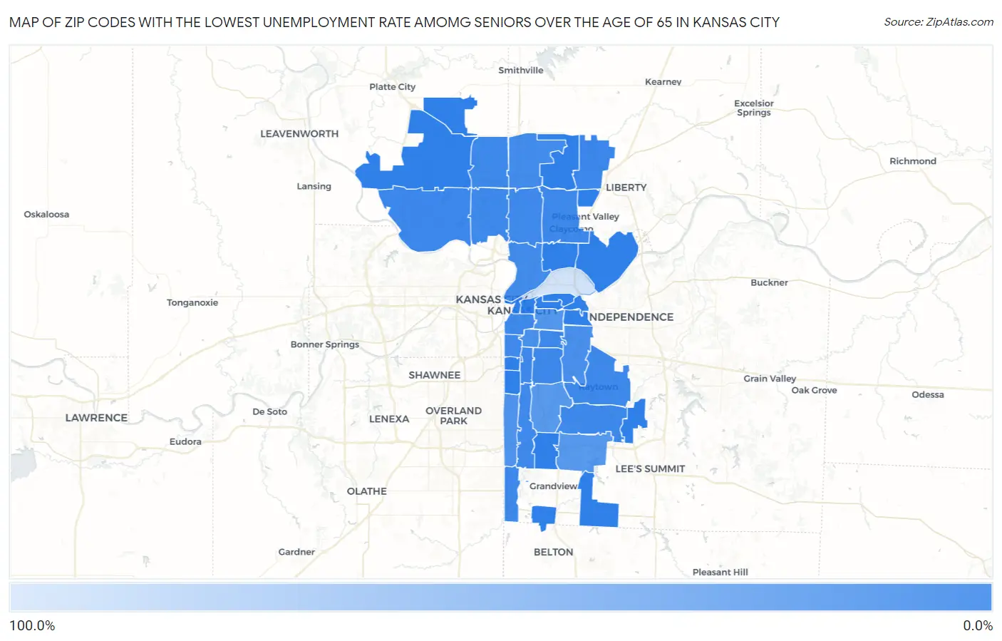 Zip Codes with the Lowest Unemployment Rate Amomg Seniors Over the Age of 65 in Kansas City Map