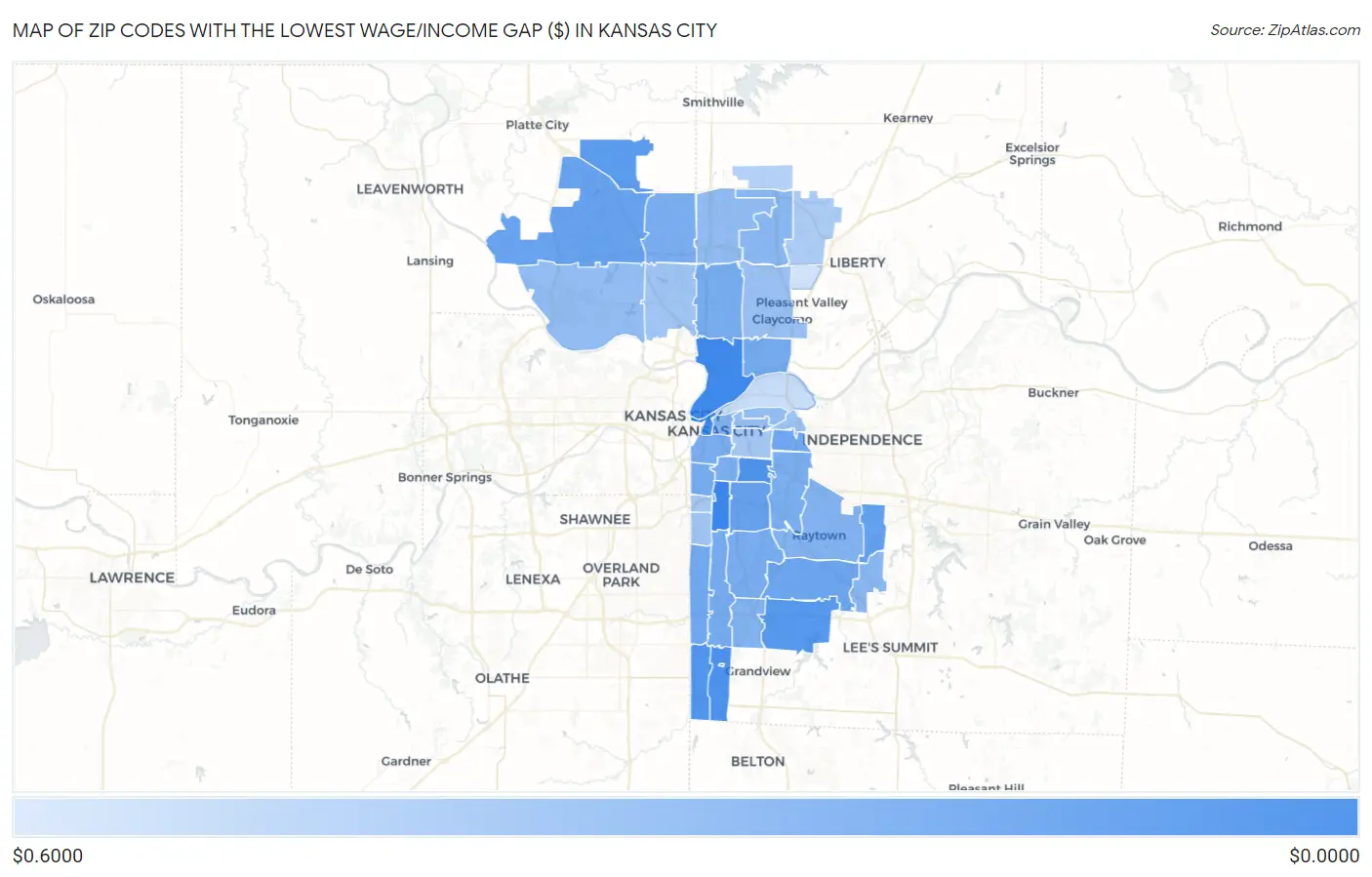 Zip Codes with the Lowest Wage/Income Gap ($) in Kansas City Map