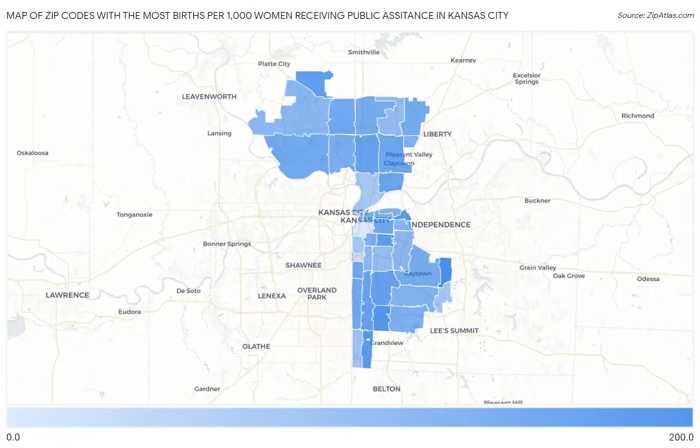 Zip Codes with the Most Births per 1,000 Women Receiving Public Assitance in Kansas City Map