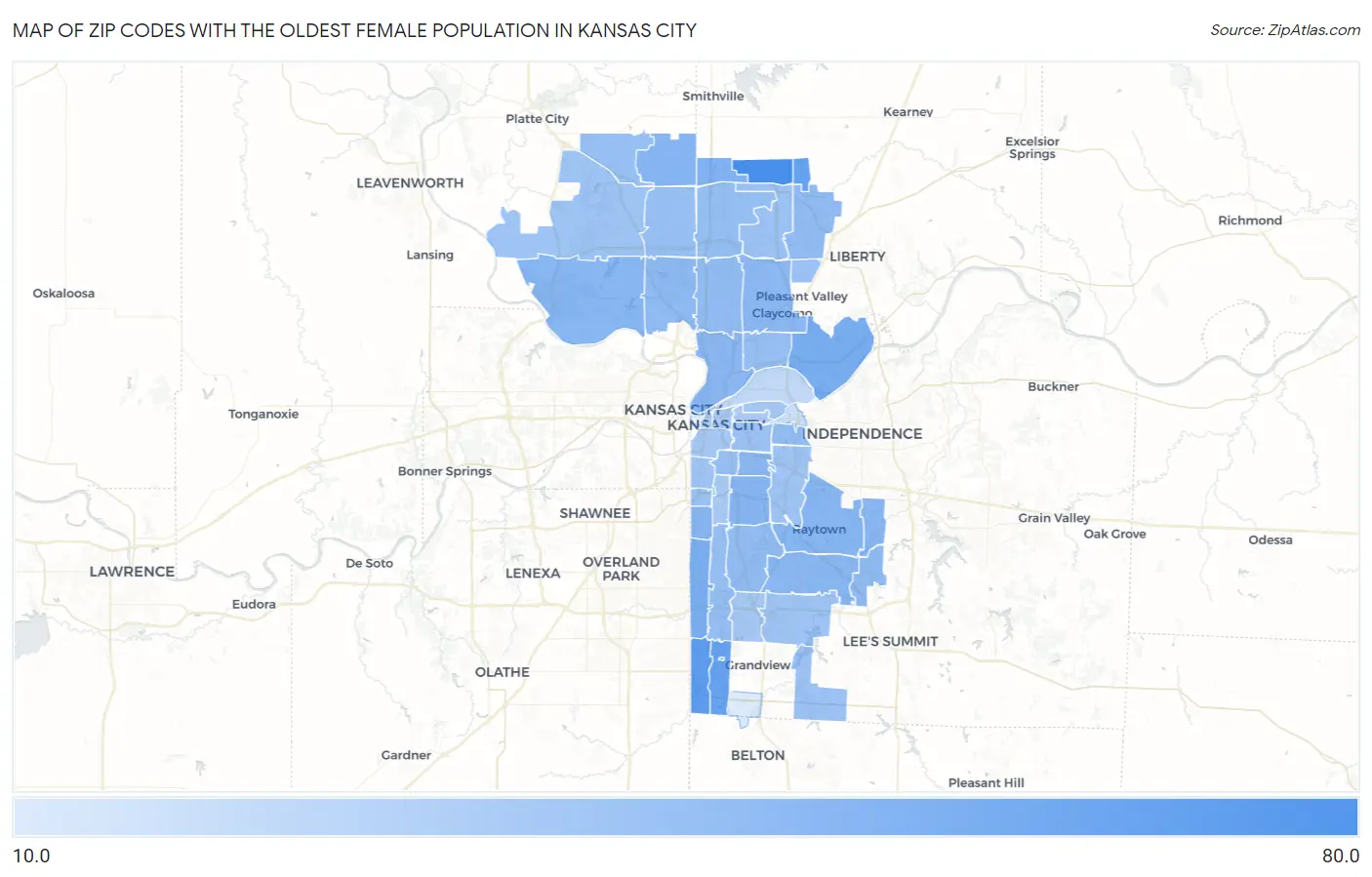 Zip Codes with the Oldest Female Population in Kansas City Map