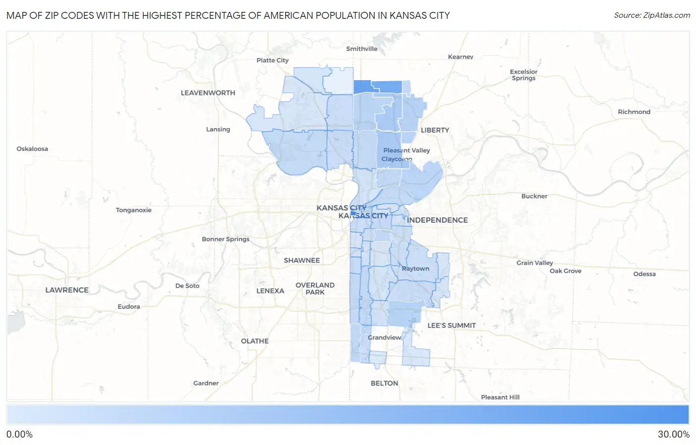 Zip Codes with the Highest Percentage of American Population in Kansas City Map