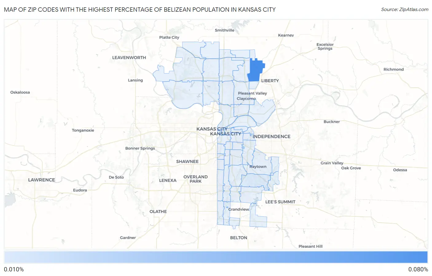 Zip Codes with the Highest Percentage of Belizean Population in Kansas City Map