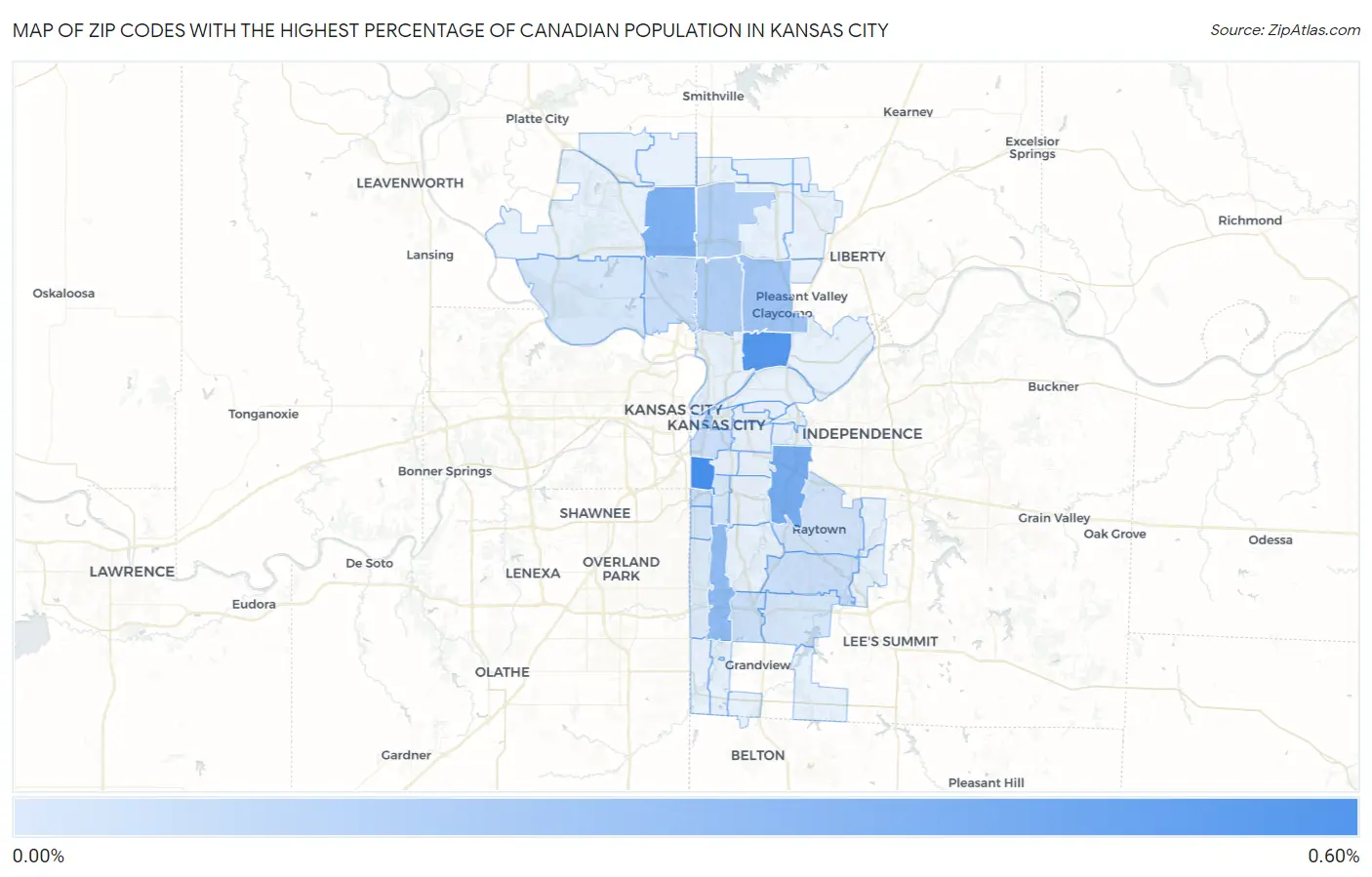 Zip Codes with the Highest Percentage of Canadian Population in Kansas City Map