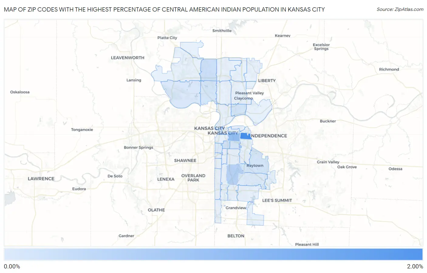 Zip Codes with the Highest Percentage of Central American Indian Population in Kansas City Map