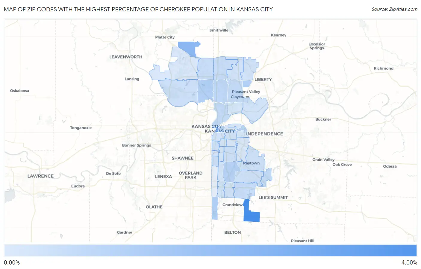 Zip Codes with the Highest Percentage of Cherokee Population in Kansas City Map