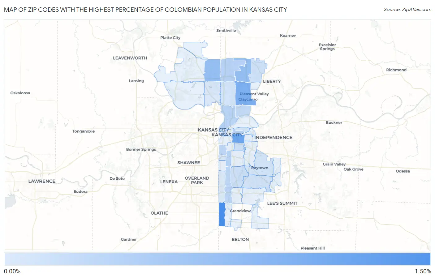 Zip Codes with the Highest Percentage of Colombian Population in Kansas City Map