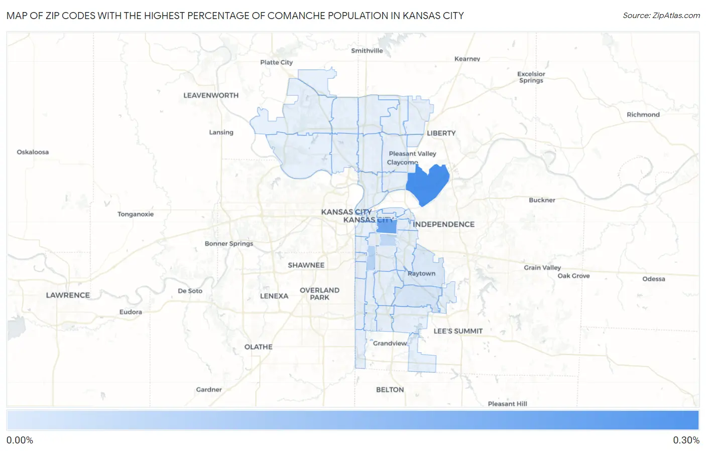 Zip Codes with the Highest Percentage of Comanche Population in Kansas City Map