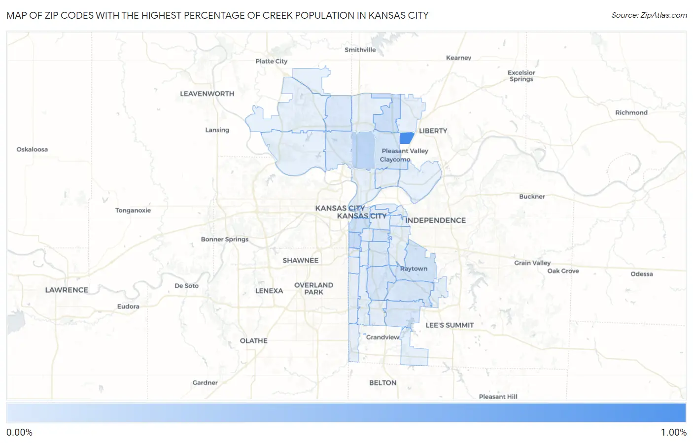 Zip Codes with the Highest Percentage of Creek Population in Kansas City Map