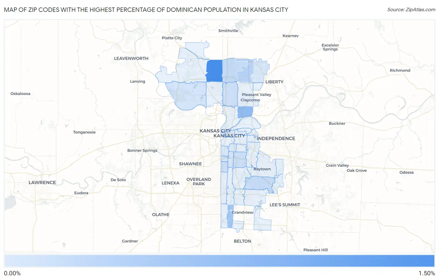 Zip Codes with the Highest Percentage of Dominican Population in Kansas City Map