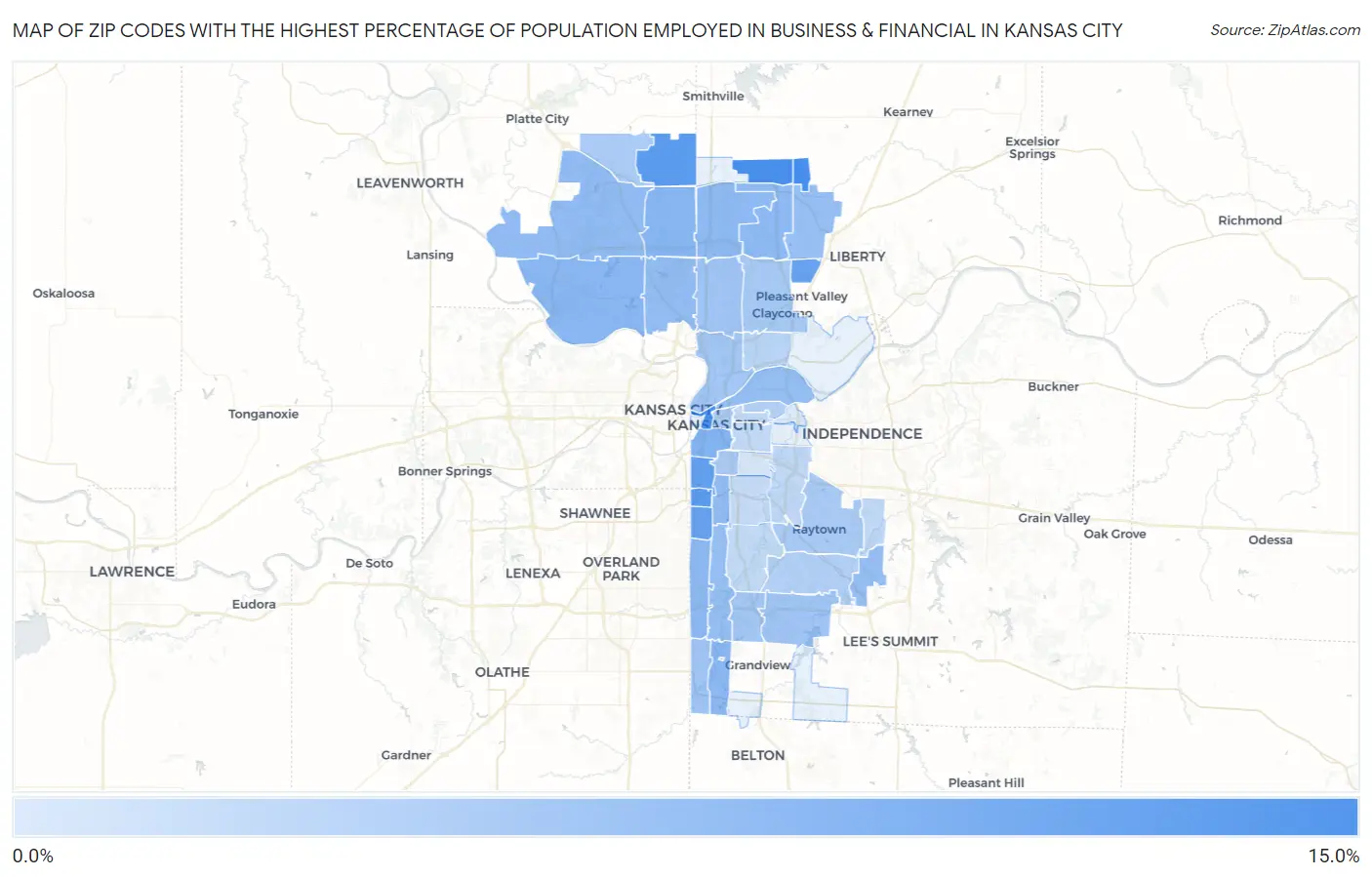 Zip Codes with the Highest Percentage of Population Employed in Business & Financial in Kansas City Map