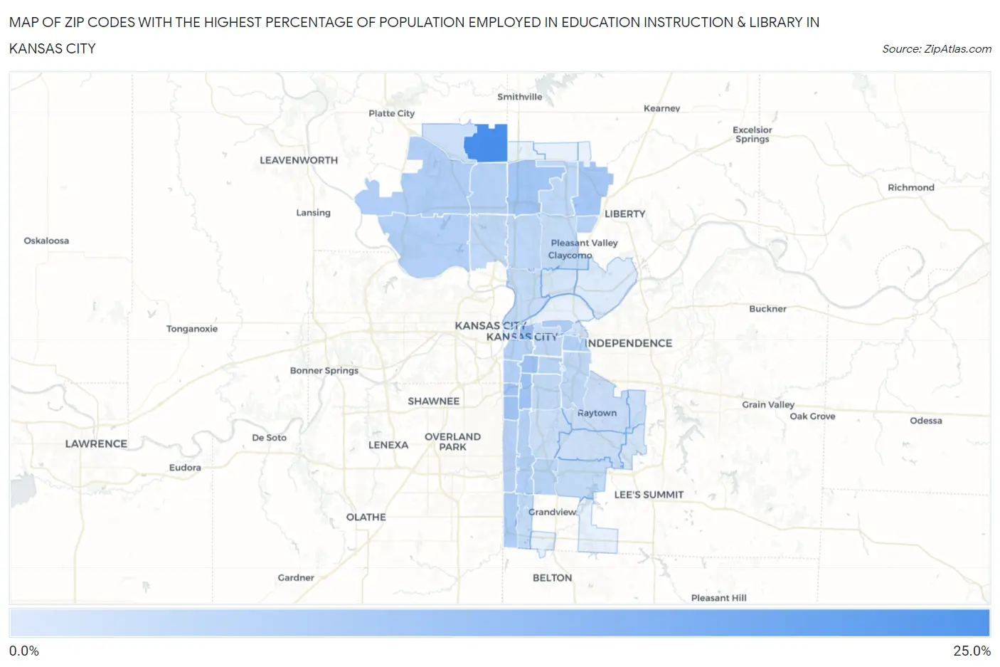 Zip Codes with the Highest Percentage of Population Employed in Education Instruction & Library in Kansas City Map