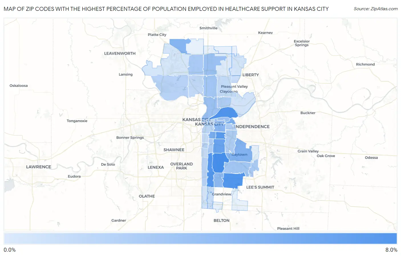 Zip Codes with the Highest Percentage of Population Employed in Healthcare Support in Kansas City Map