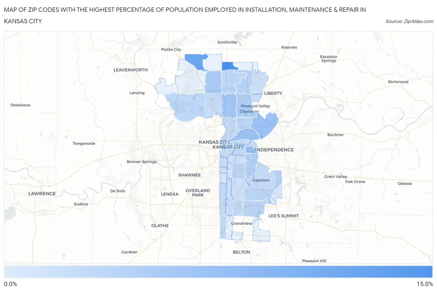 Zip Codes with the Highest Percentage of Population Employed in Installation, Maintenance & Repair in Kansas City Map