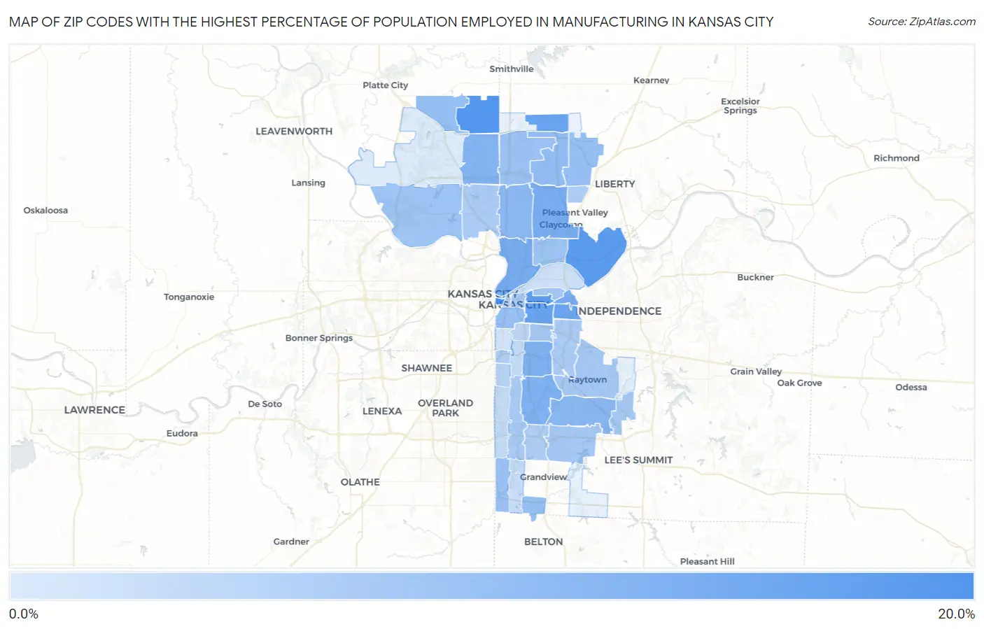 Zip Codes with the Highest Percentage of Population Employed in Manufacturing in Kansas City Map