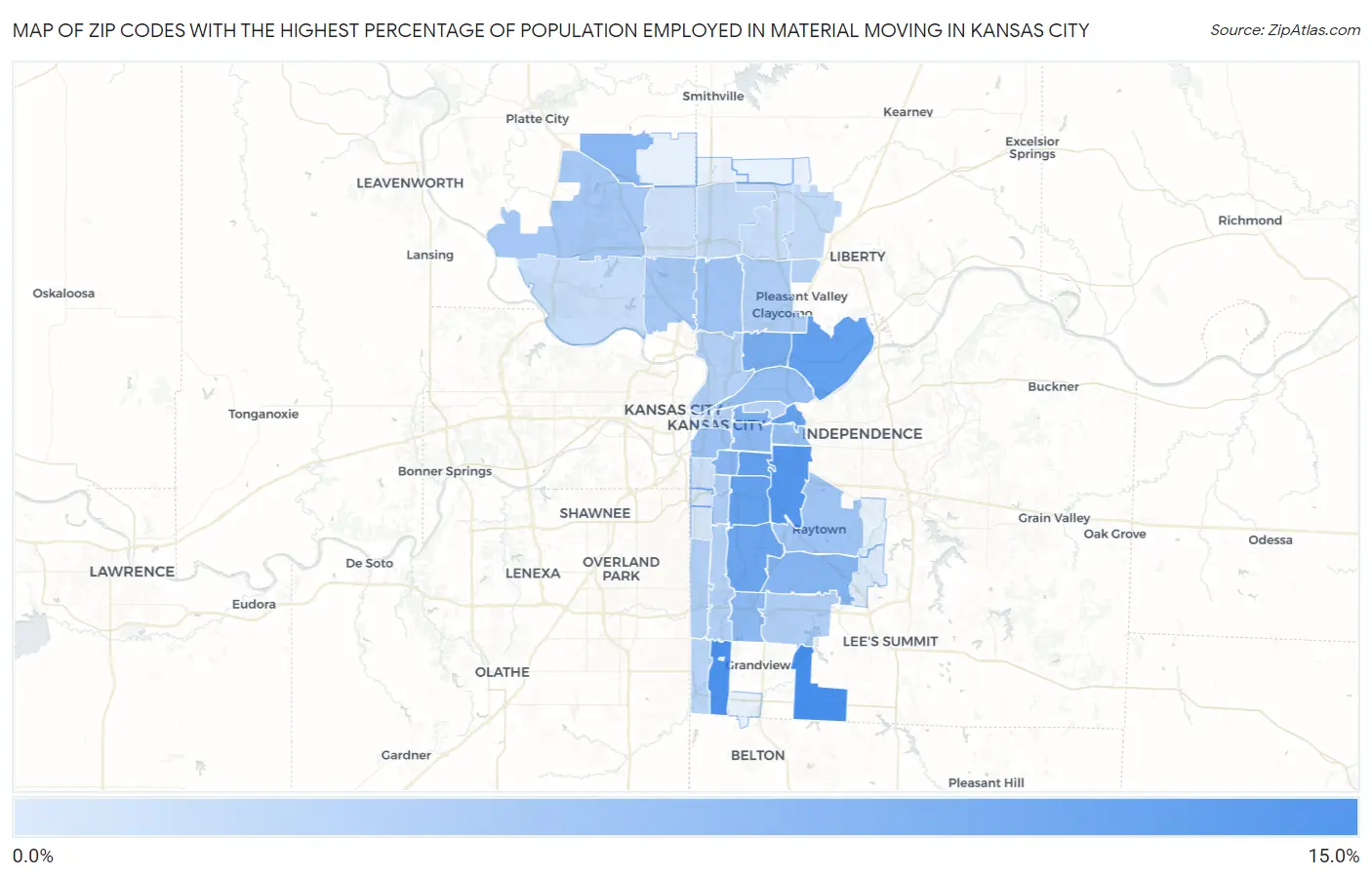 Zip Codes with the Highest Percentage of Population Employed in Material Moving in Kansas City Map