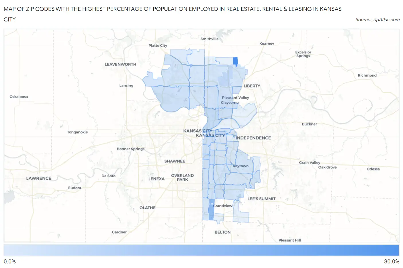 Zip Codes with the Highest Percentage of Population Employed in Real Estate, Rental & Leasing in Kansas City Map