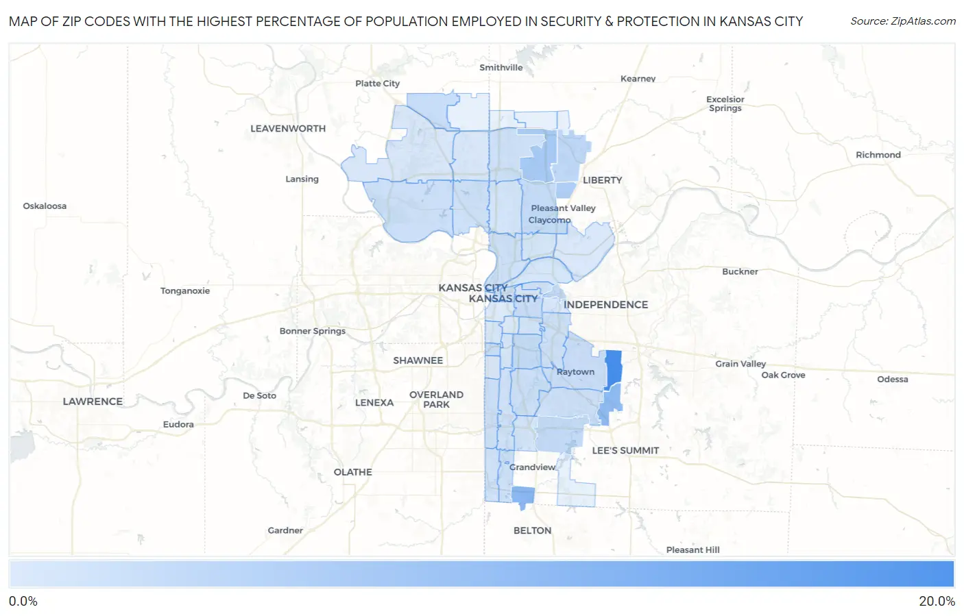 Zip Codes with the Highest Percentage of Population Employed in Security & Protection in Kansas City Map