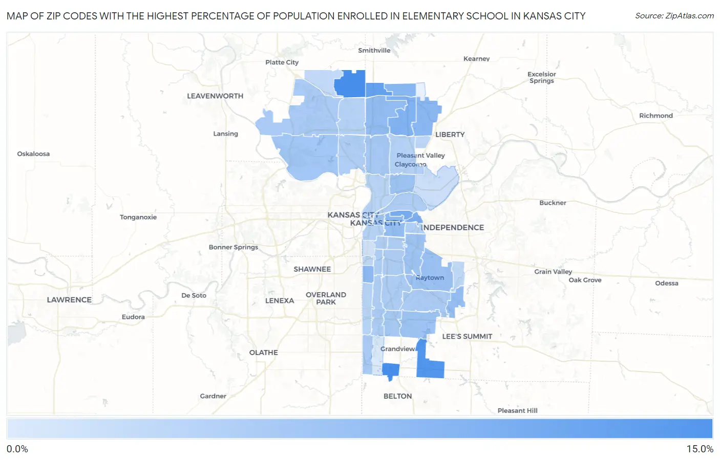 Zip Codes with the Highest Percentage of Population Enrolled in Elementary School in Kansas City Map