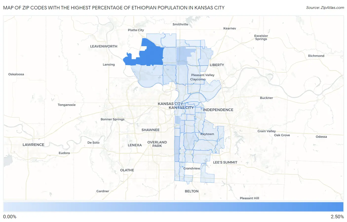 Zip Codes with the Highest Percentage of Ethiopian Population in Kansas City Map