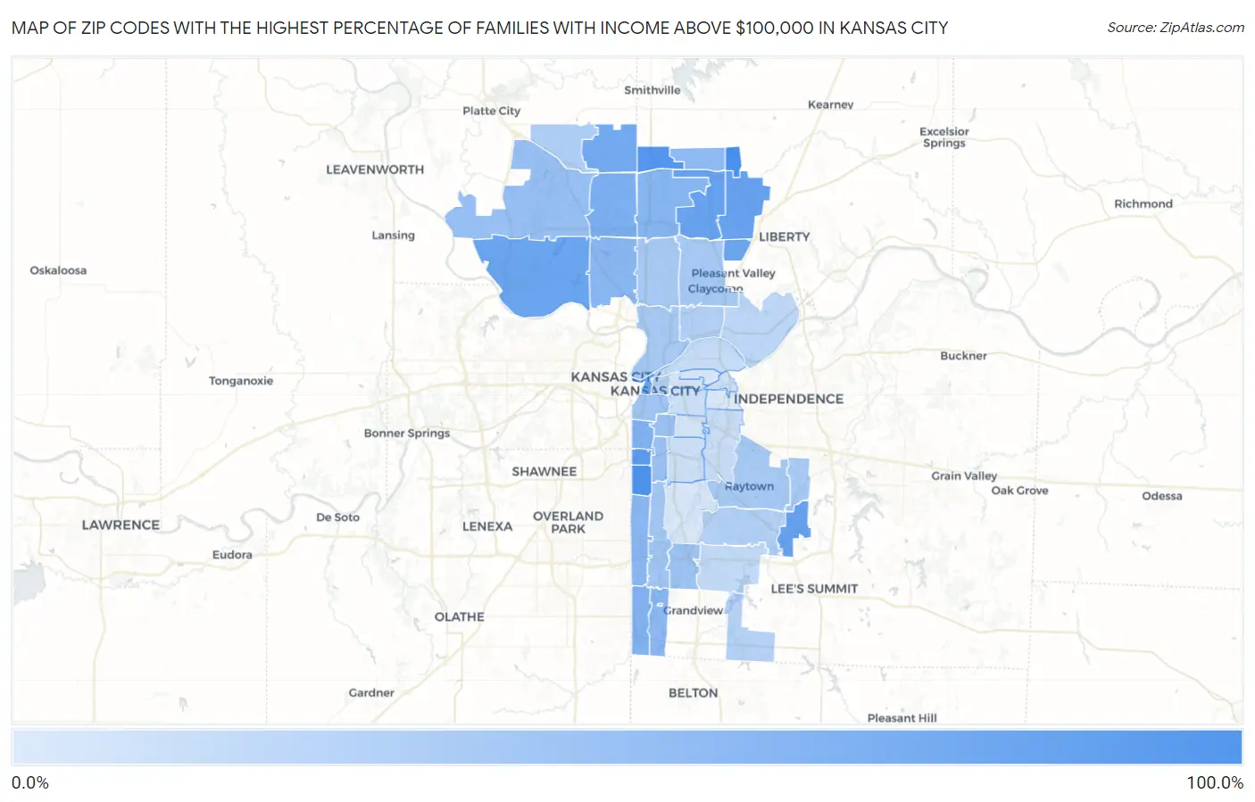 Zip Codes with the Highest Percentage of Families with Income Above $100,000 in Kansas City Map