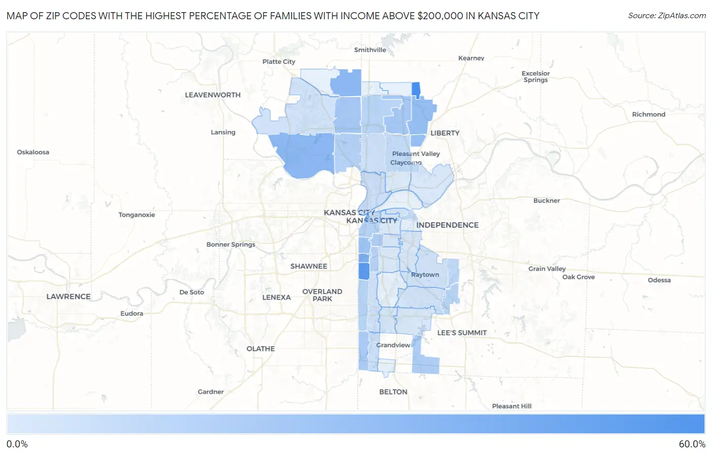 Zip Codes with the Highest Percentage of Families with Income Above $200,000 in Kansas City Map