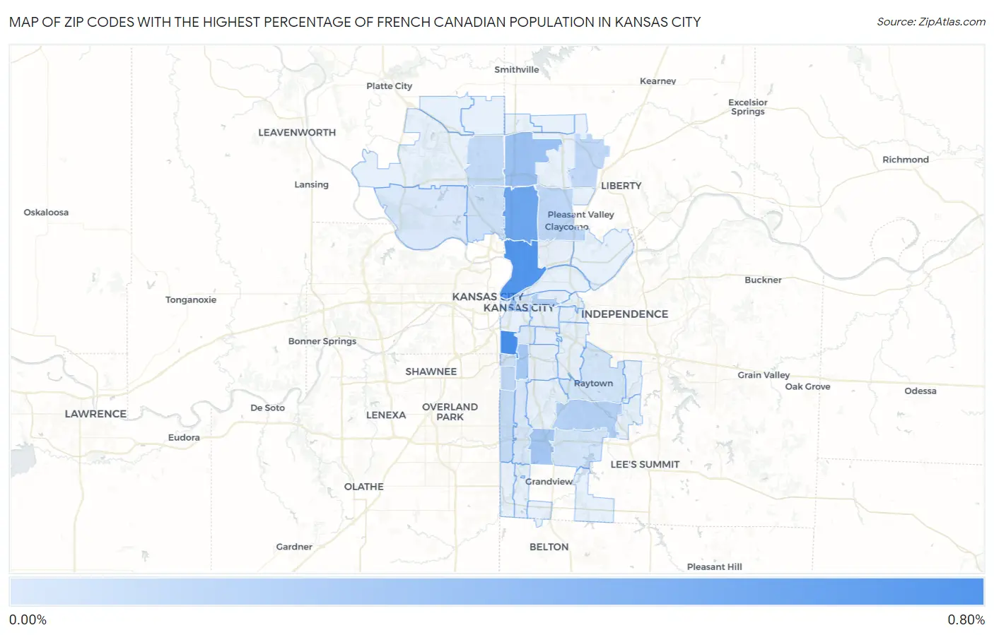 Zip Codes with the Highest Percentage of French Canadian Population in Kansas City Map