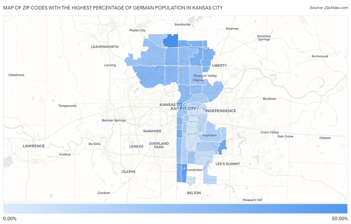 Zip Codes with the Highest Percentage of German Population in Kansas City Map