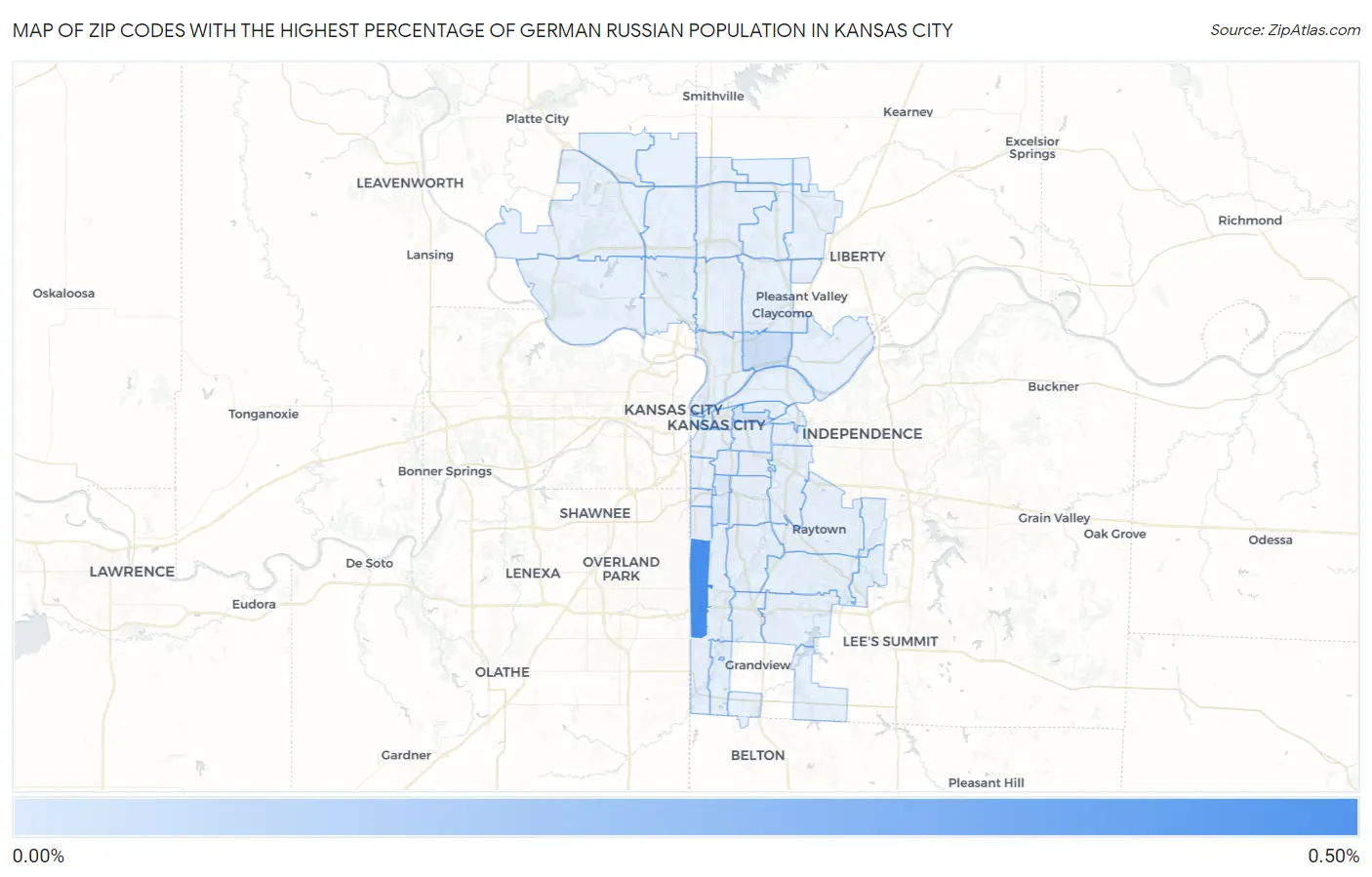 Zip Codes with the Highest Percentage of German Russian Population in Kansas City Map